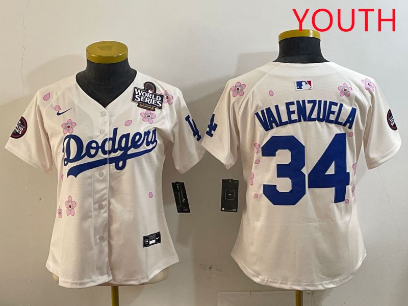 Youth Los Angeles Dodgers #34 Valenzuela Cream Sakura Edition 2025 Nike MLB Jersey style 2->youth mlb jersey->Youth Jersey